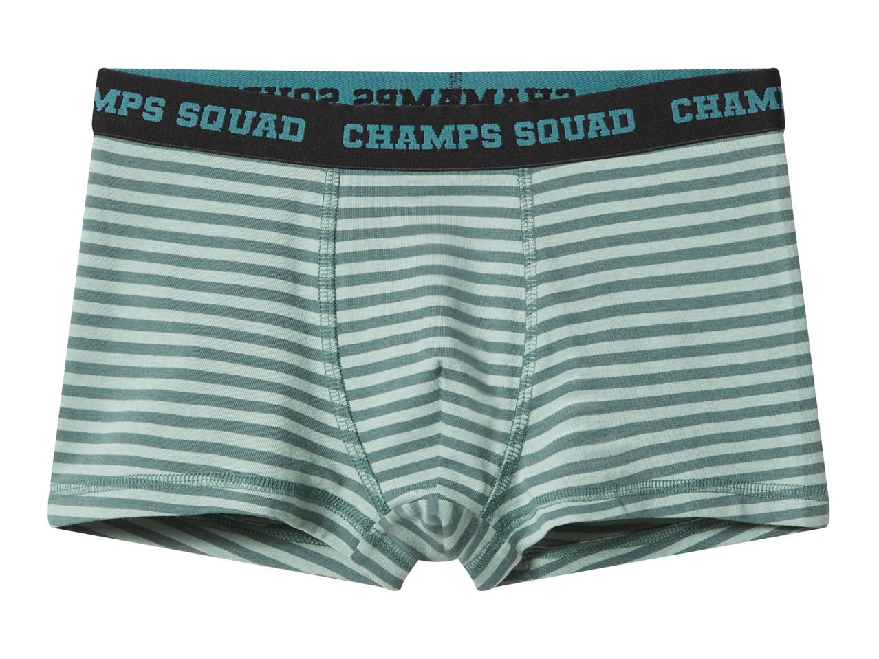 Striped boxer shorts with a black waistband featuring 'CHAMPS SQUAD' text.
