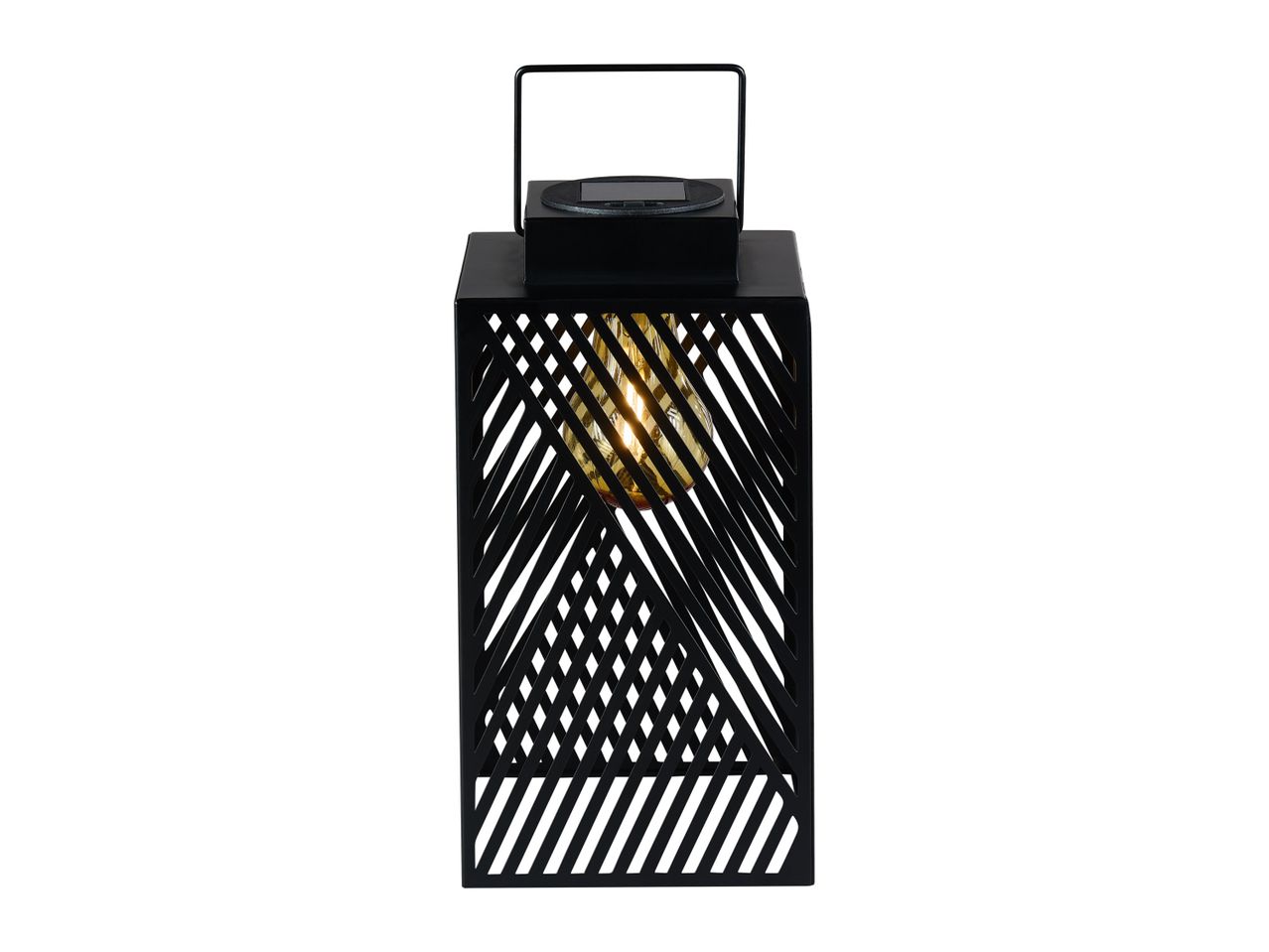 Black metal solar lantern with geometric pattern.