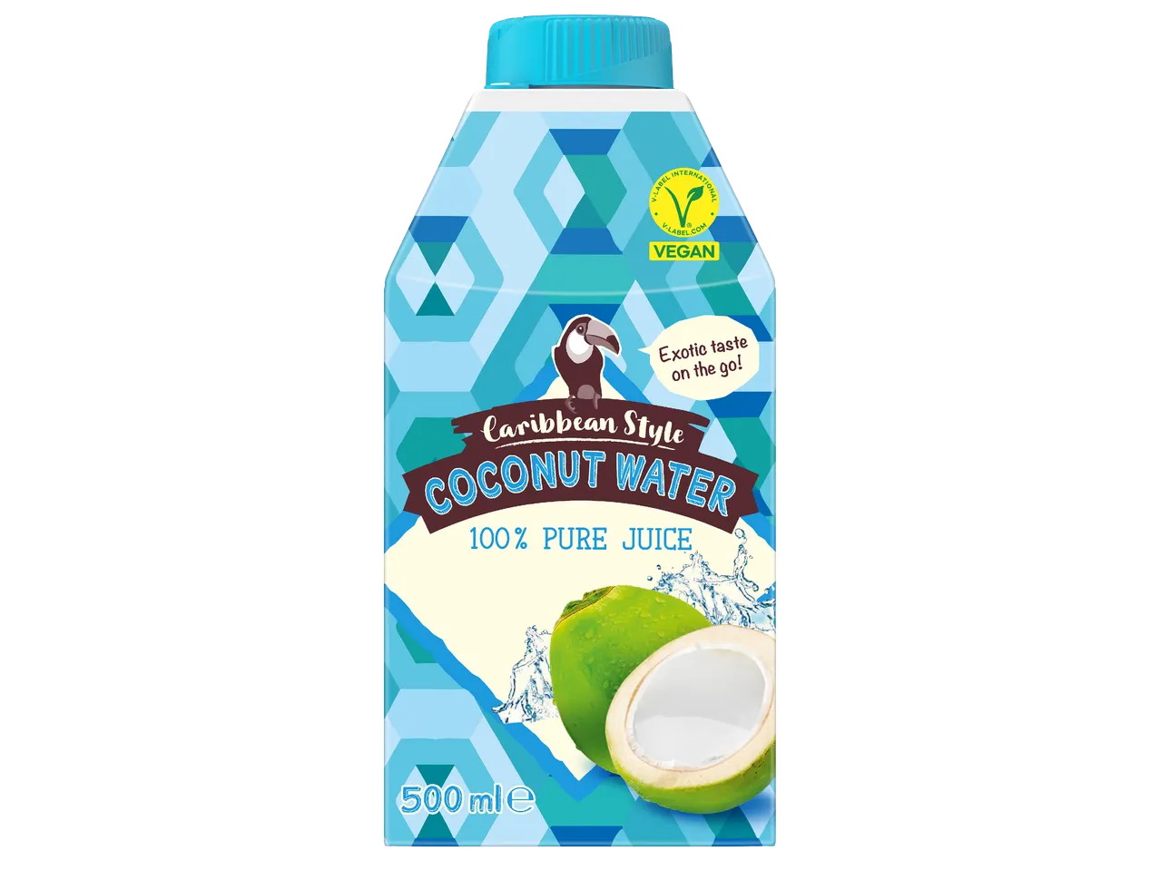Кокосова вода в бутилка с надпис „Caribbean Style Coconut Water 100% Pure Juice“, 500 ml, веган.