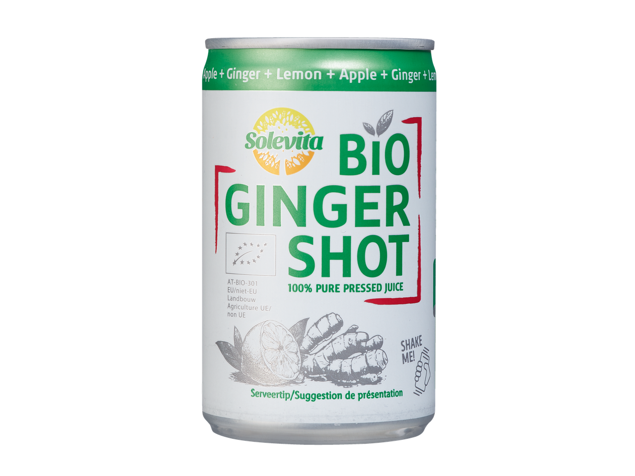 Solevita Bio Ginger Shot, un jus 100% pur pressé avec pomme, gingembre et citron.