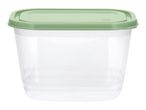 Clear rectangular food storage container with a light green lid