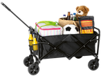 Carrinho dobrável com saco térmico, bola de futebol, bebidas, carvão e urso de peluche.