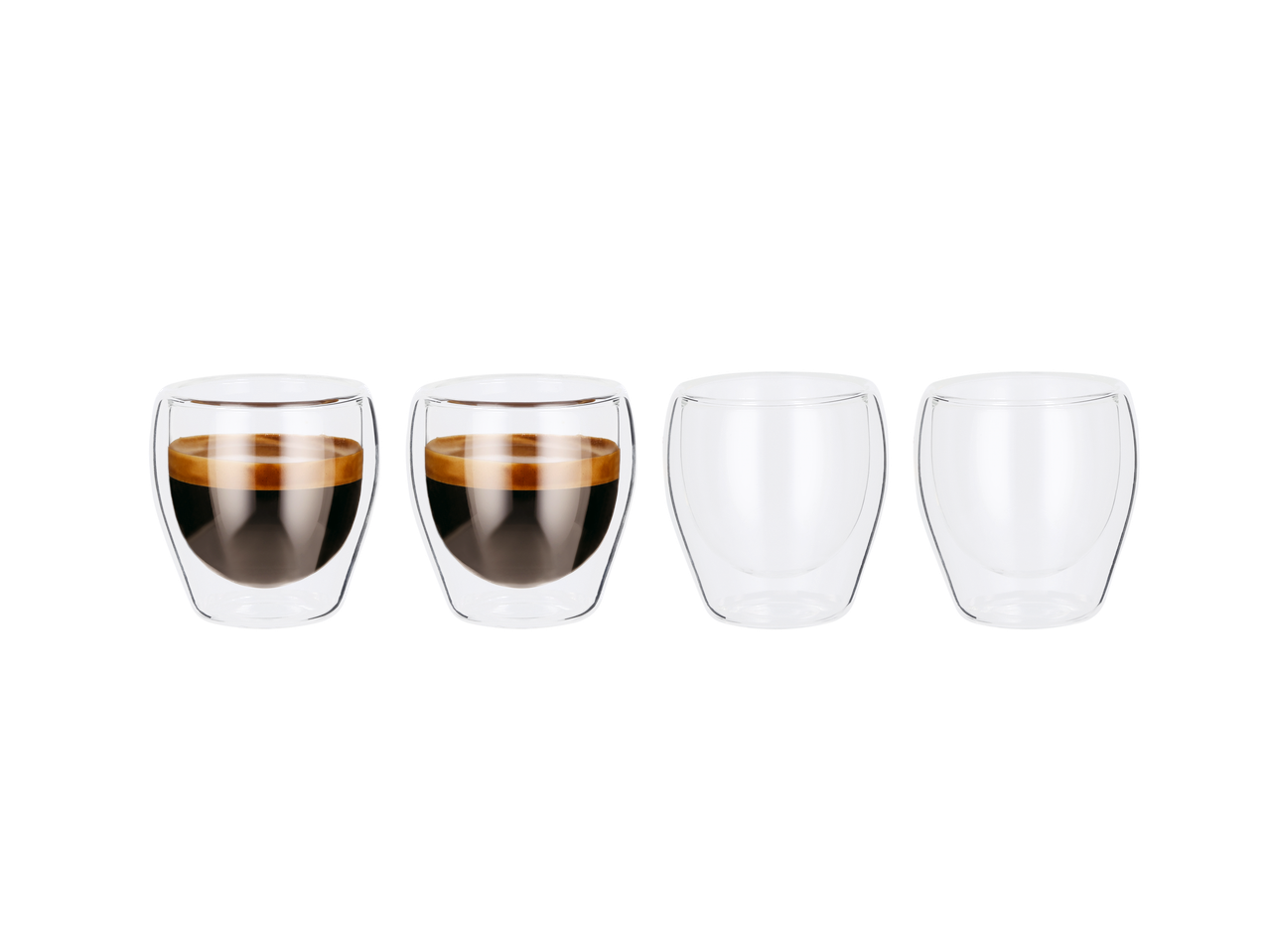Lot de 4 verres thermiques Silvercrest®, deux avec café expresso et deux vides.