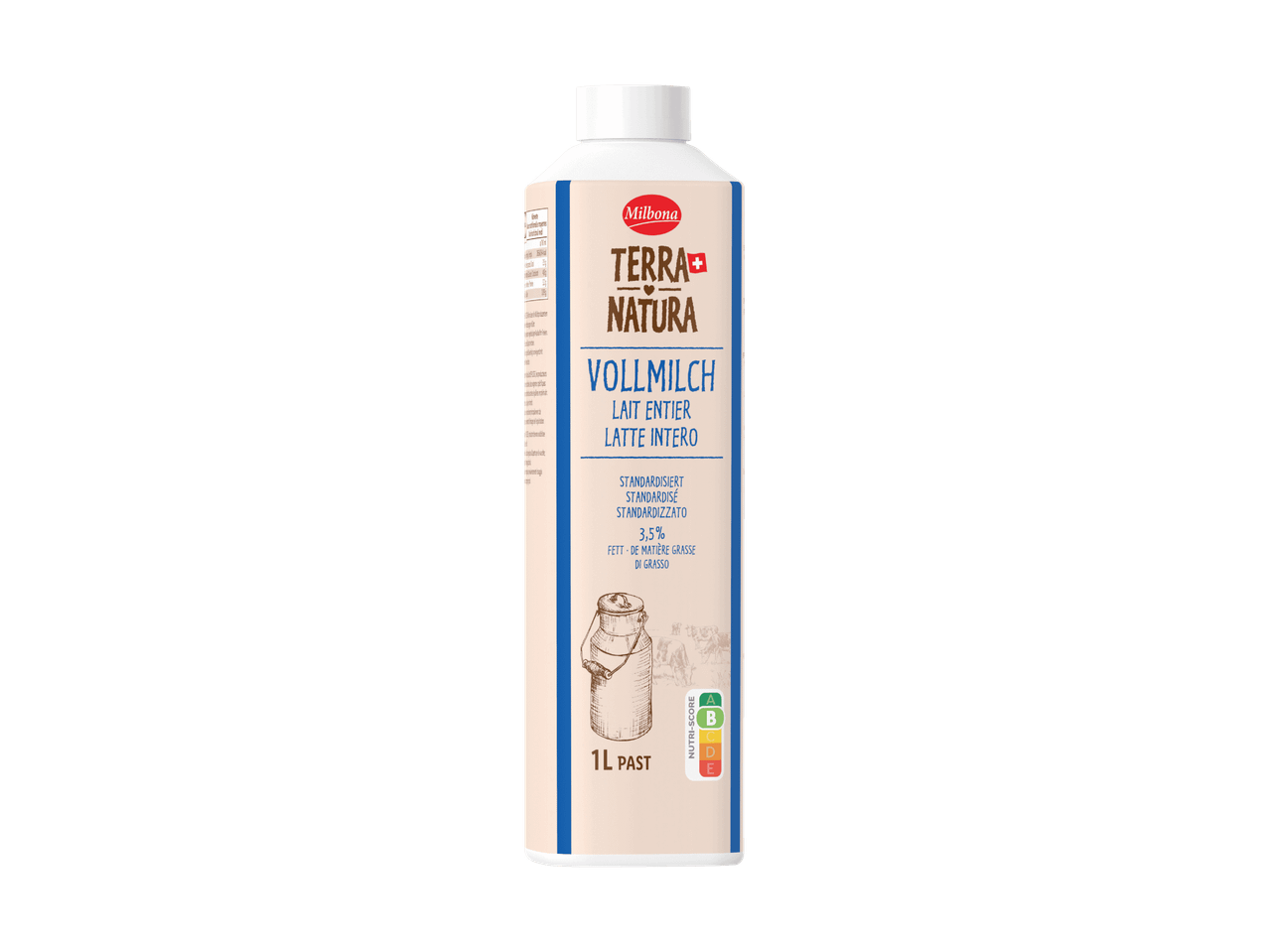 Vollmilch in einer Flasche mit 3,5% Fett und Nutri-Score B.