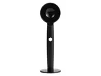A black plastic scoop with a long handle and a circular base.