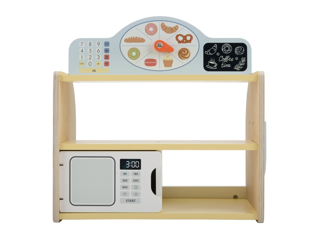 A wooden toy kitchen set with a microwave, calculator, and a clock featuring various baked goods.