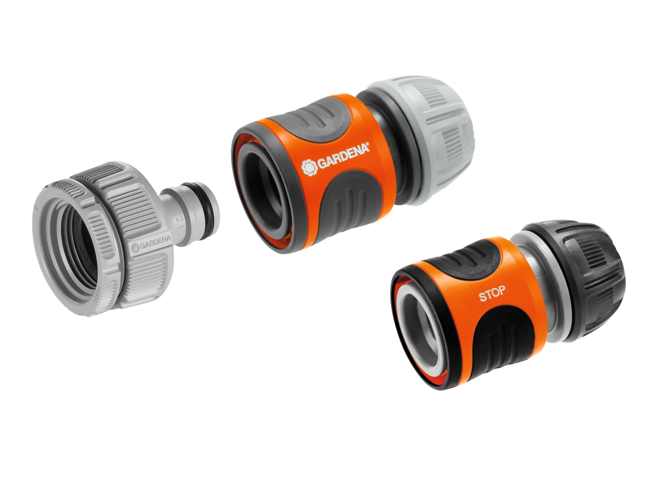 GARDENA priključki za cev: navojni priključek in dva hitra priključka, eden s funkcijo STOP.