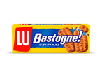 Gele verpakking met koekjes en de tekst 'Bastogne! ORIGINAL' op een blauwe achtergrond.