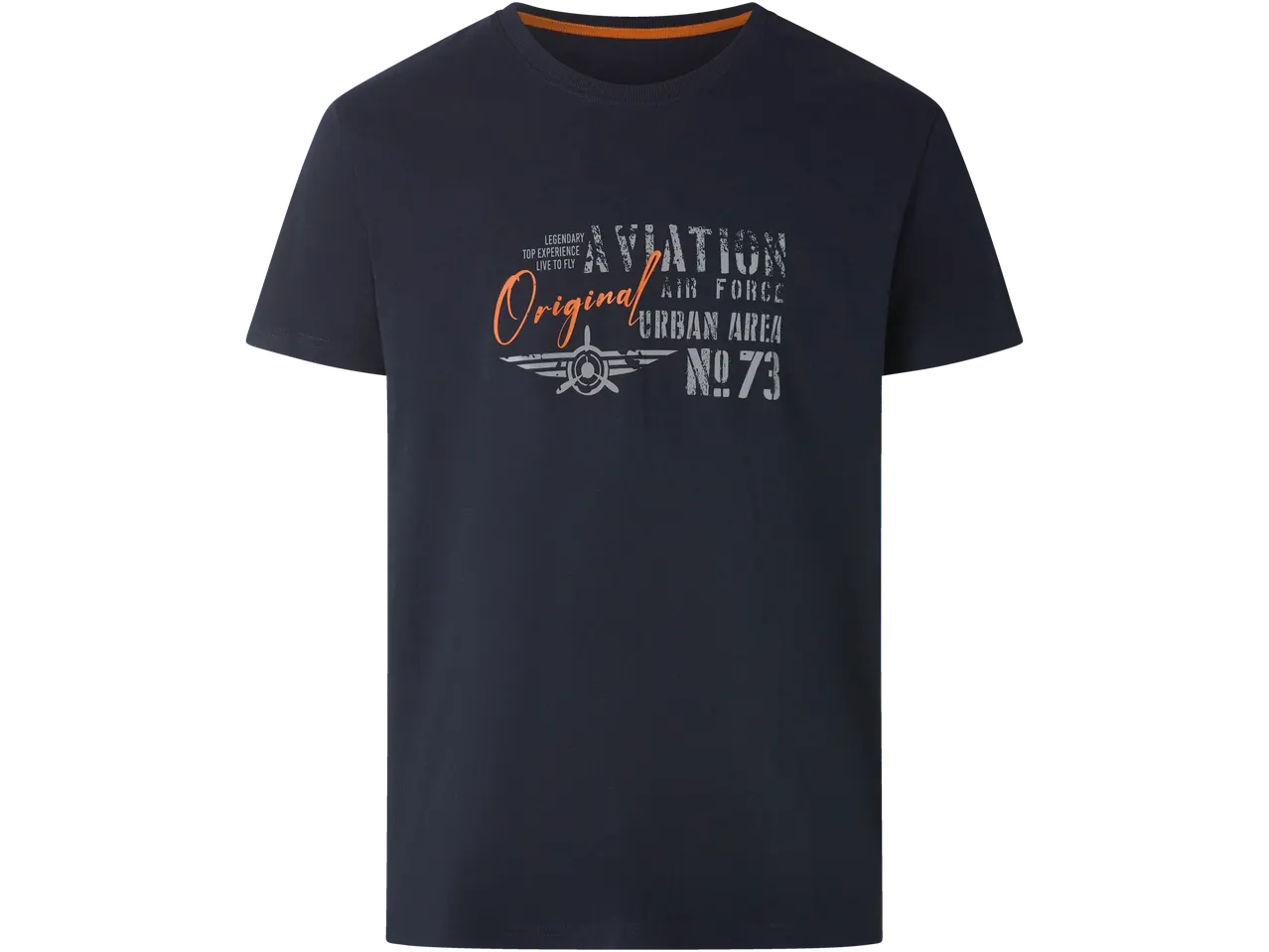 Meeste tumesinine T-särk oranži ja halli 'AVIATION Original No. 73' trükiga.