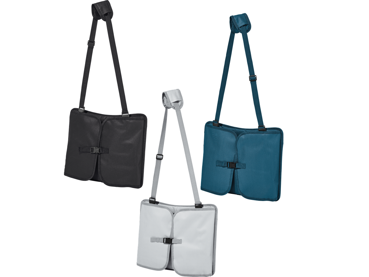 Tre Peak Design Everyday Tote-väskor i svart, teal och vitt.