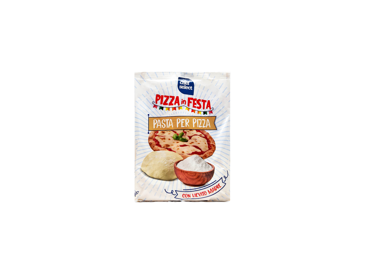 Chef Select Pizza in Festa pasta for pizza mix with dough, flour, and a cooked pizza.
