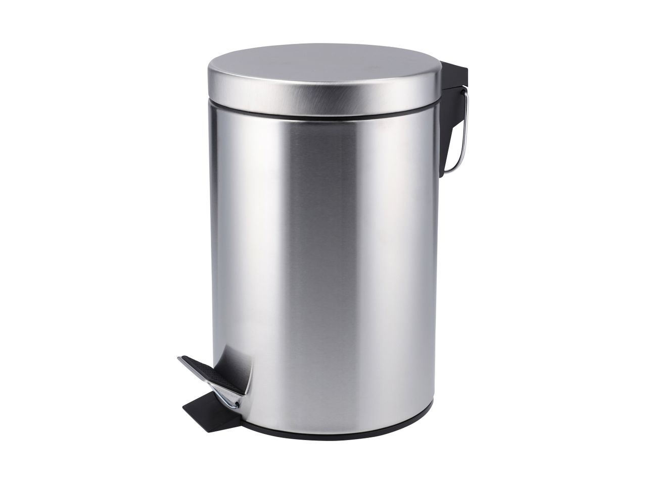 Stainless steel pedal bin with a brushed finish and black accents, isolated on a white background.