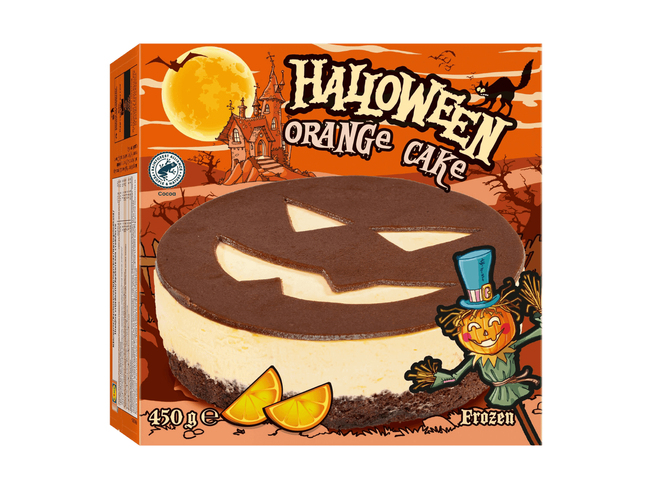 Halloween Orangenkuchen mit Kürbisgesicht, Rainforest Alliance Kakao und 450g Gewicht.