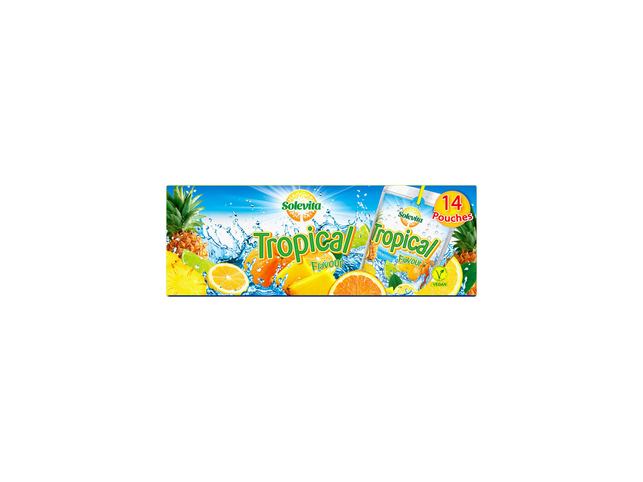 Solevita Tropical multivitamininis gėrimas su vaisių purslais ir 14 maišelių.