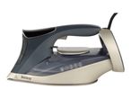 Dark blue and beige steam iron with a transparent water tank and various feature icons.