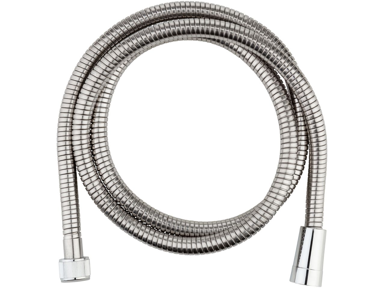 A coiled metal shower hose with chrome fittings.