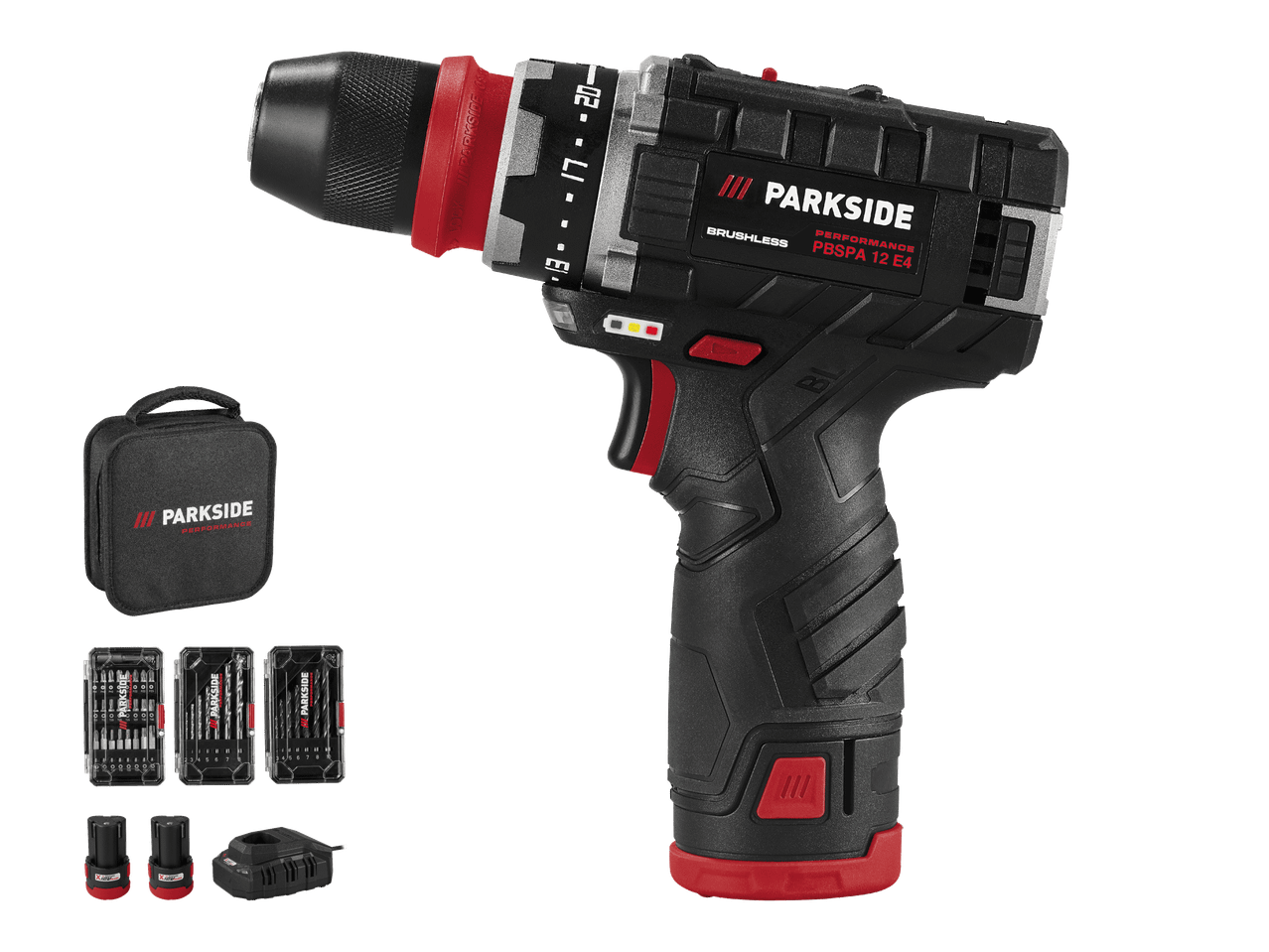 Parkside Performance PBSPA 12 E4 -akkuporakone, jossa on kaksi akkua, laturi ja tarvikesarjat.