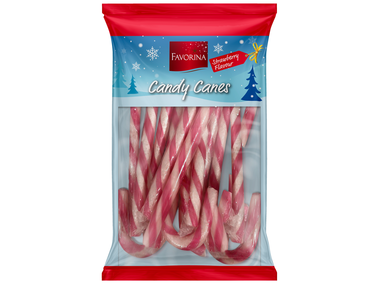 Favorina maasikamaitselised suhkrurood pidulikus talveteemalises pakendis.