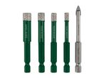 A set of five drill bits, four green diamond-tipped and one silver spear-point, for various materials.