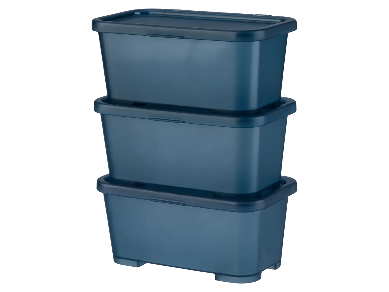 Trīs tumši zilas plastmasas uzglabāšanas kastes, kas sakraujamas viena virs otras.
