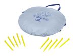 A light grey circular tent bag with blue text and yellow tent pegs.
