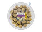 Chef Select pitted green olives with garlic in a clear plastic container.