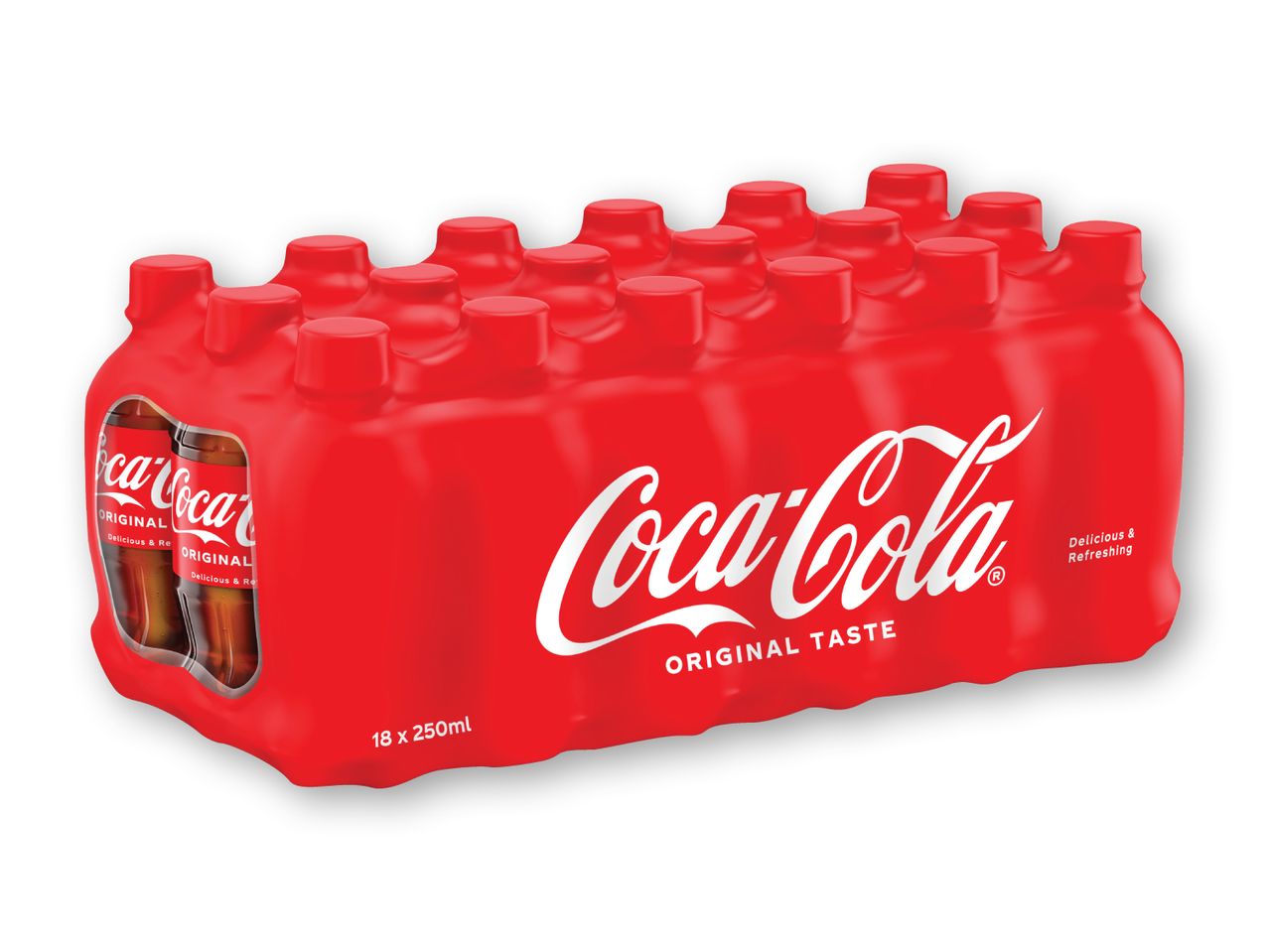 En pakke med 18 Coca-Cola Original Taste-flasker.