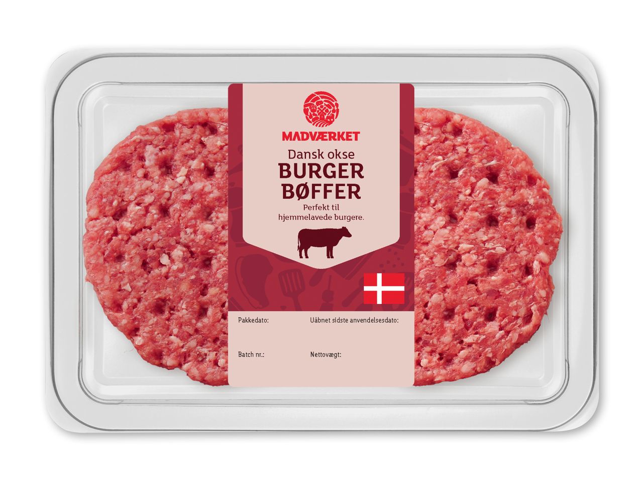 Pakke med to rå oksekødsburgerbøffer med en etiket, der angiver, at de er perfekte til hjemmelavede burgere.