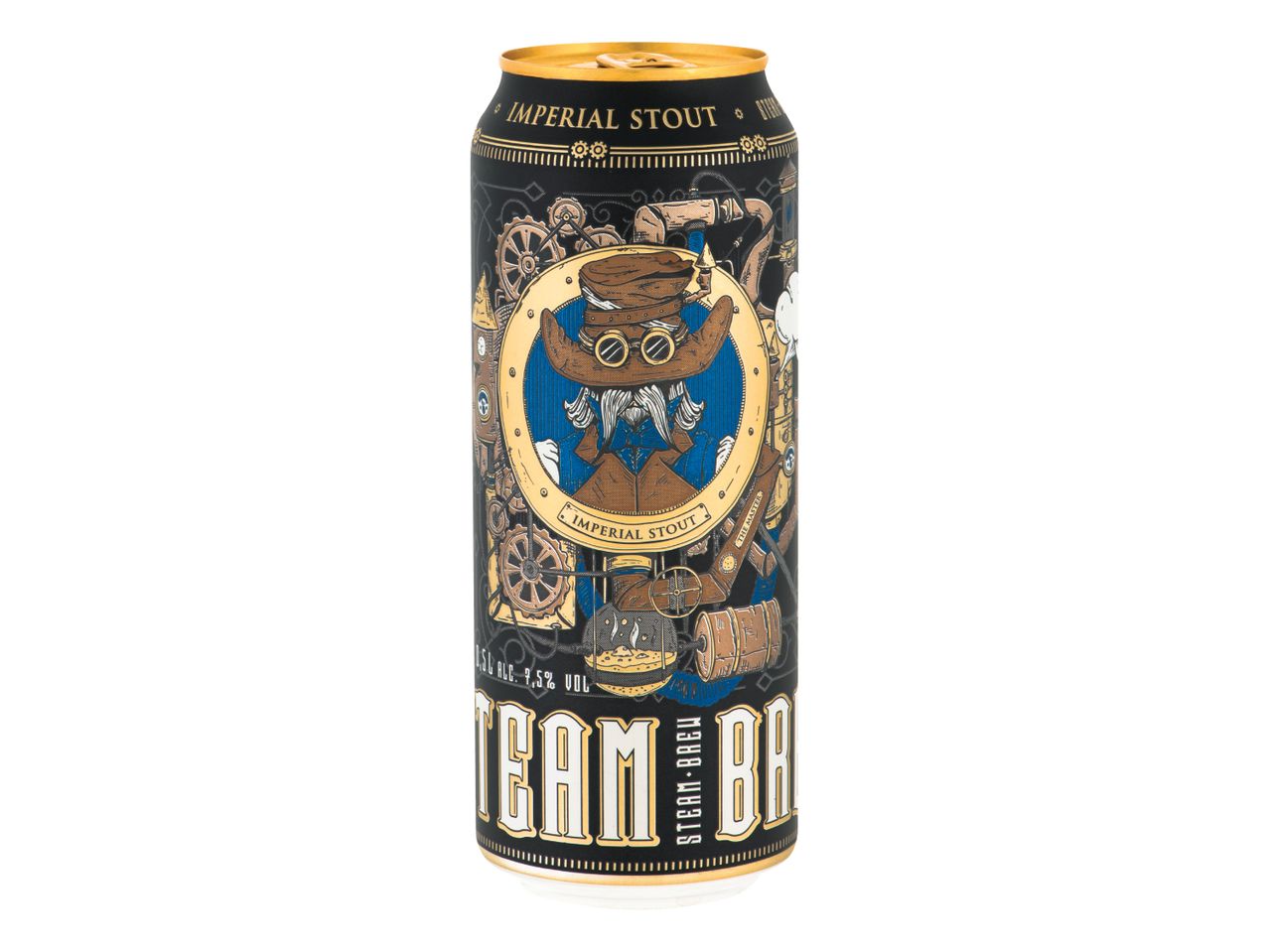 Pivo Imperial Stout v pločevinki s steampunk dizajnom in napisom »Steam Brew«.