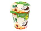 Pot de yaourt VEMOND BIO Coco Pêche avec des fruits et des logos vegan et Nutri-Score.