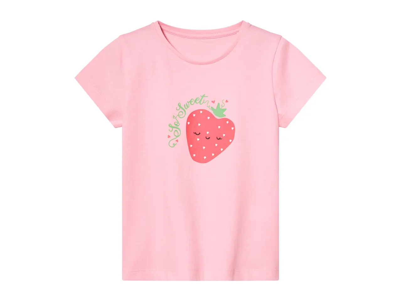 Pink girls' t-shirt with a cute cartoon strawberry and 'So Sweet' text.