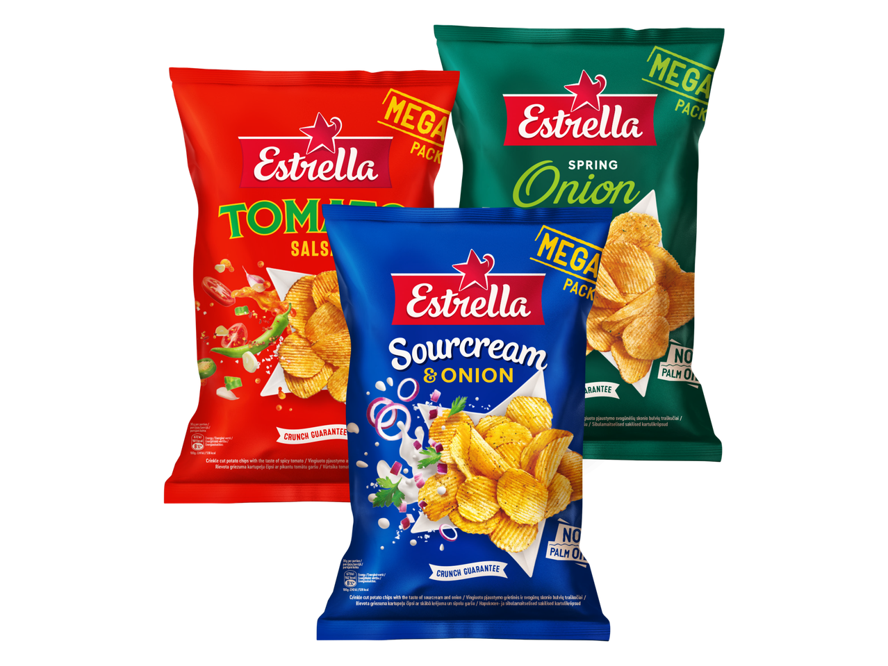 Trīs Estrella čipsu pakas: tomātu, skābā krējuma un sīpolu, un pavasara sīpolu garšas.