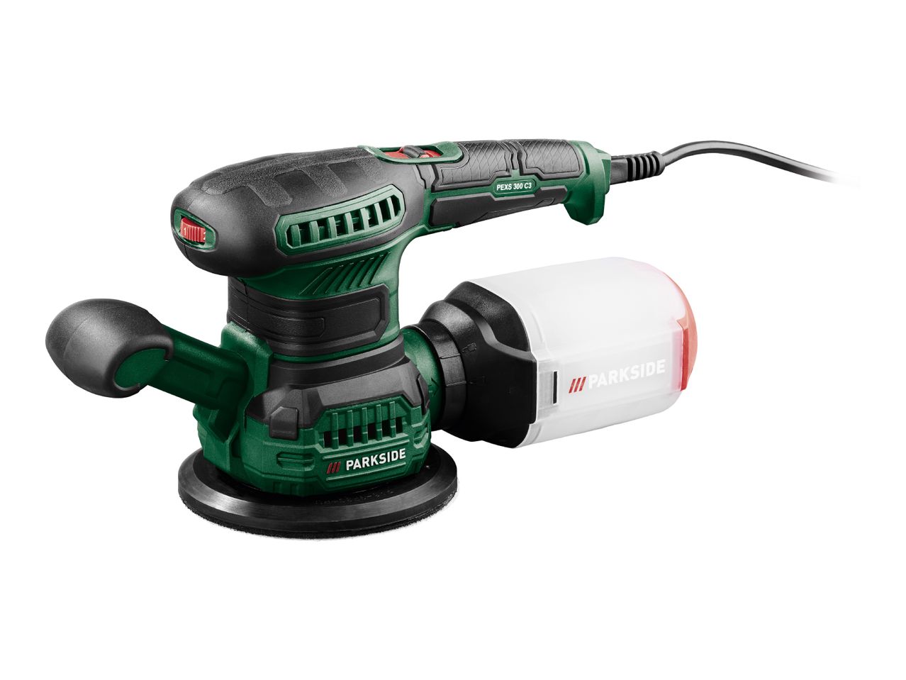 Parkside PEXS 300 C3 random orbital sander with dust collection container.