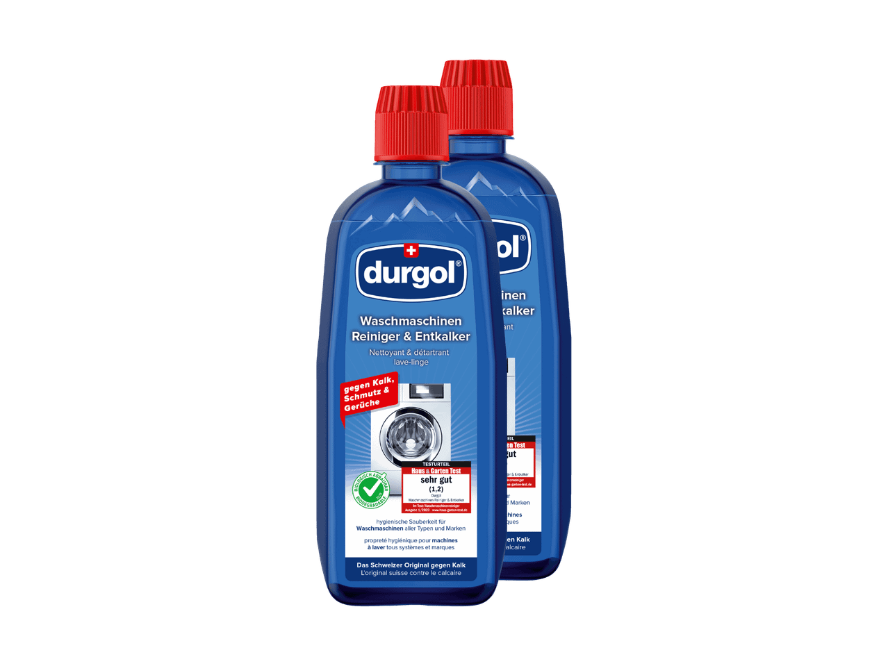 Deux bouteilles de nettoyant et détartrant pour machines à laver Durgol.
