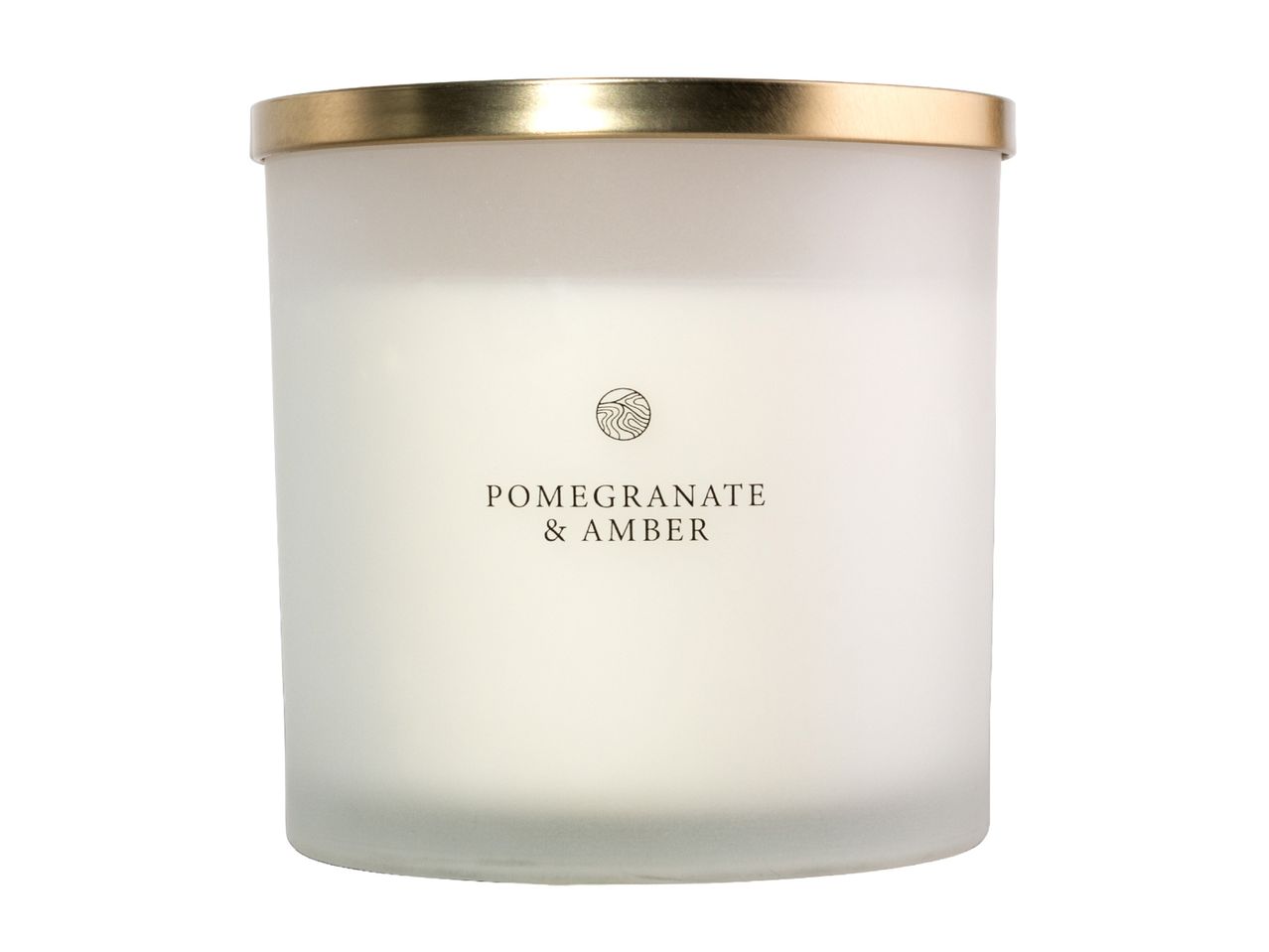 Frosted glass jar candle with a gold lid, labeled Pomegranate & Amber.