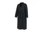 Dark blue double-breasted trench coat with a tie belt and brown buttons