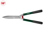 Hedge shears with green handles and black grips, with an 18+ age restriction symbol.