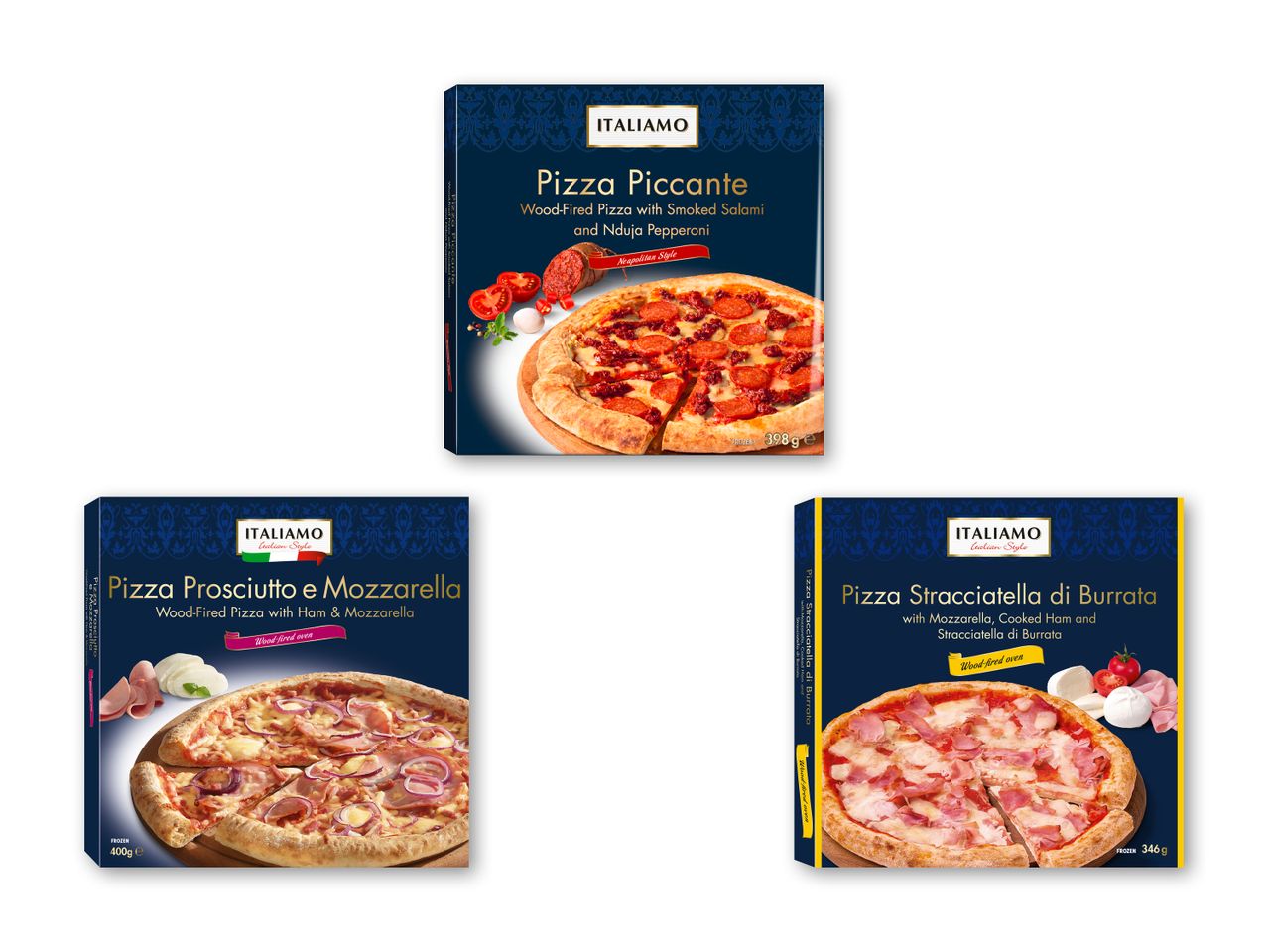 Tre pizzapakker: Pizza Piccante, Pizza Prosciutto e Mozzarella og Pizza Stracciatella di Burrata.