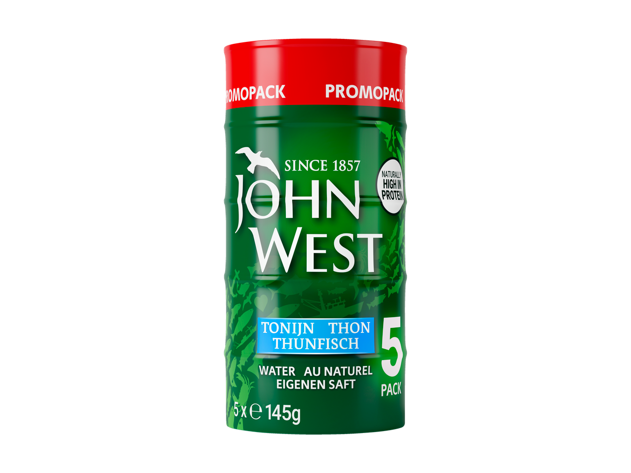John West 5-pack tonijn in water, van nature rijk aan eiwitten.