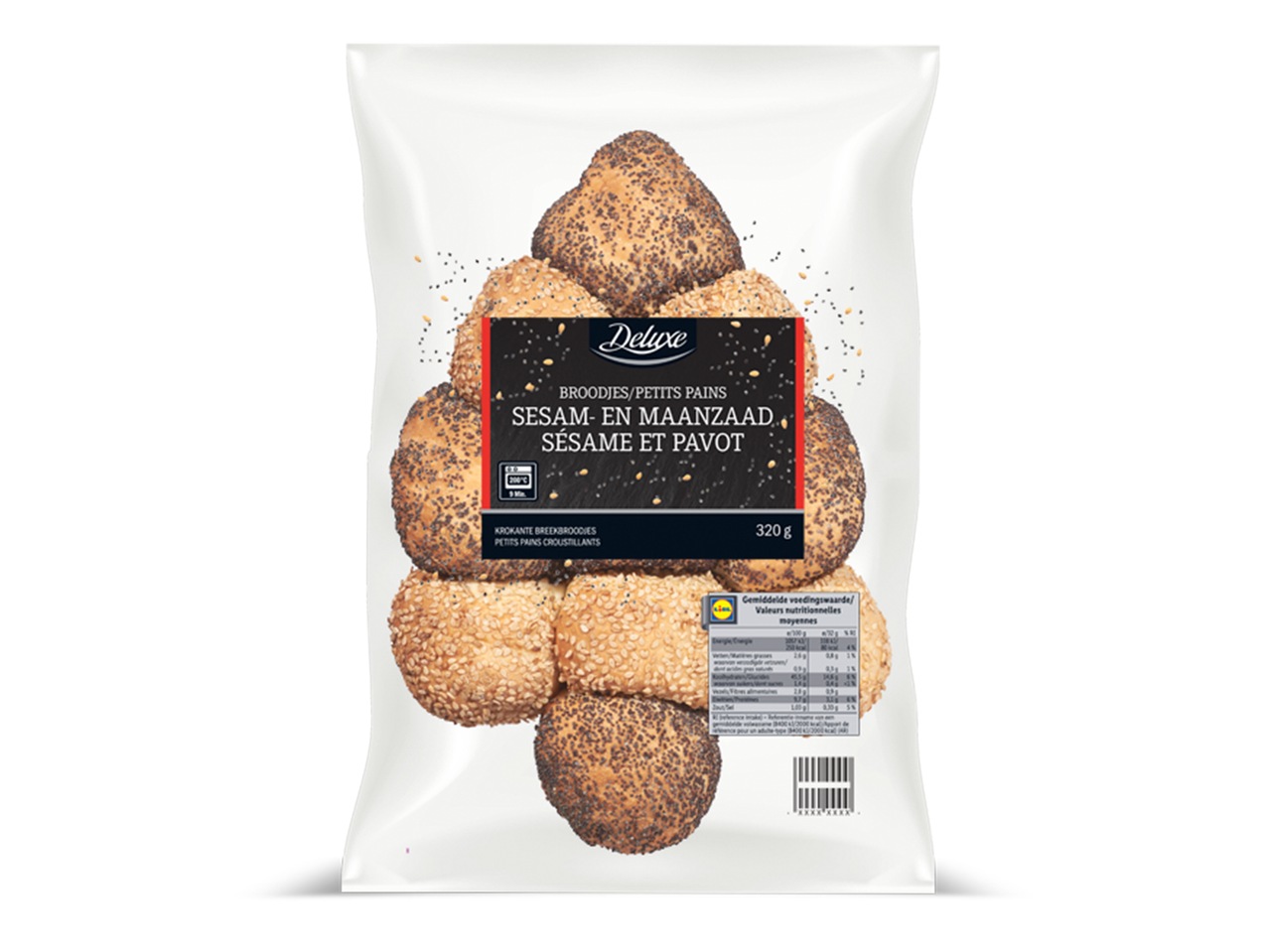 Deluxe broodjes met sesam- en maanzaad in een verpakking van 320g.