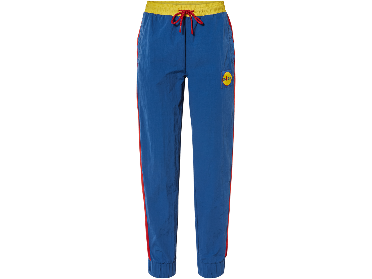Lidl trainingsbroek, donkerblauw met rode en gele details.