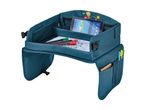 En teal farvet bilbakke med plads til tablet og opbevaring.
