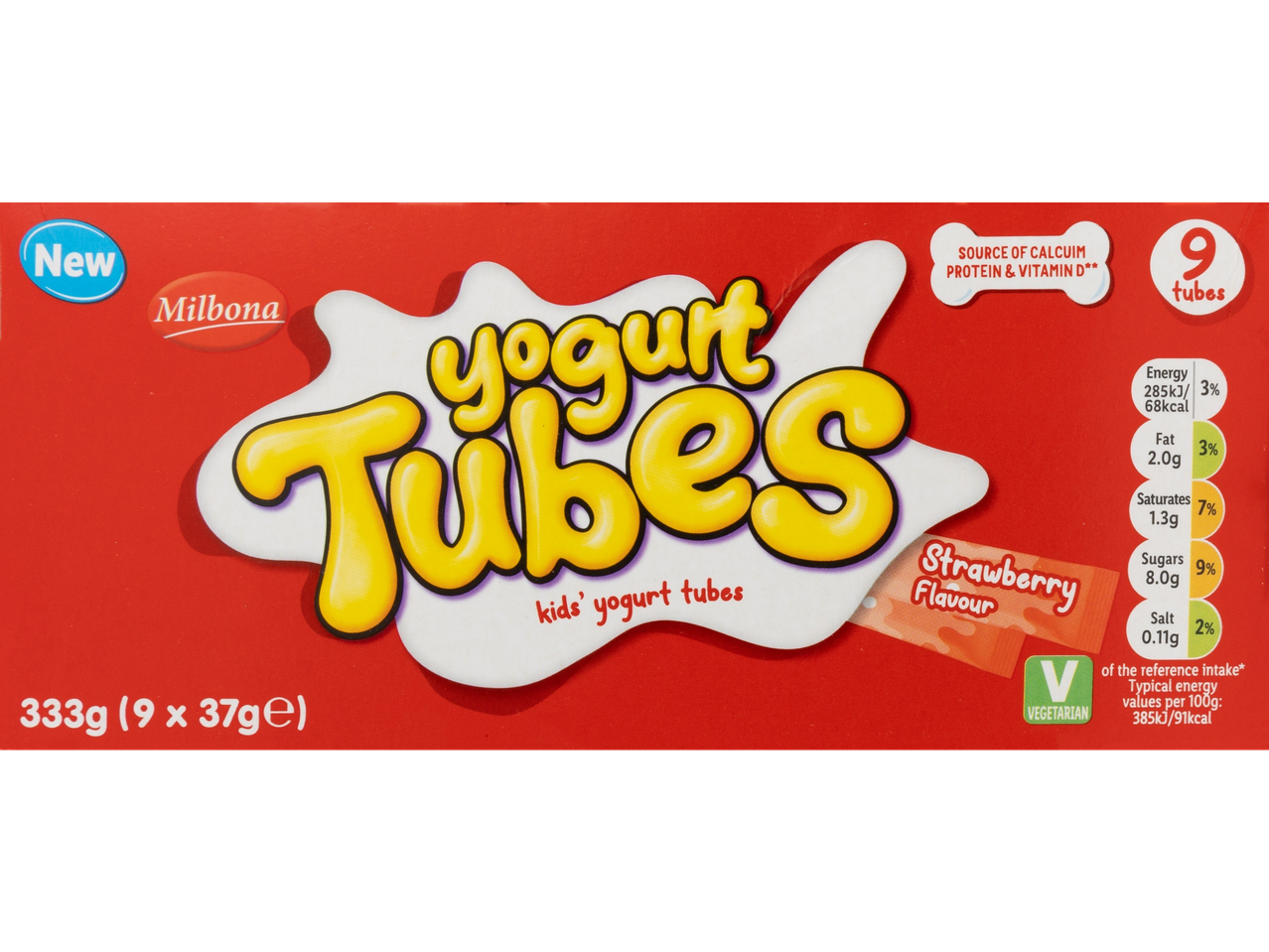 Milbona Yogurt Tubes, strawberry flavor, 9 tubes, 333g total weight.