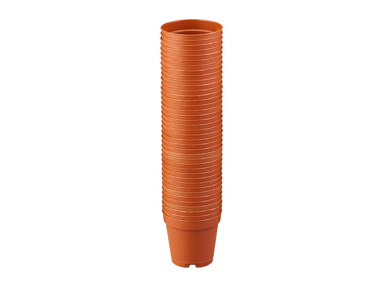 Stack of terracotta-colored plastic plant pots