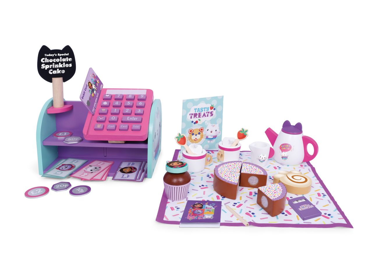 Children's play set with a toy cash register, cakes, and tea party accessories.