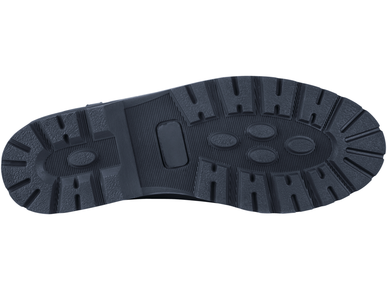 Close-up of a dark gray shoe sole with a textured tread pattern.
