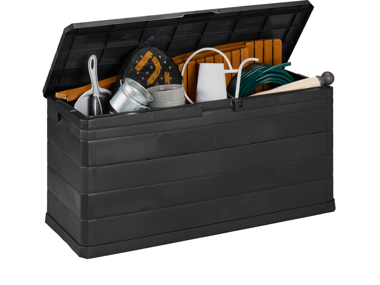 LIVARNO universal storage box with gardening tools, watering can, and hose.