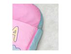 Pink and blue sleeping bag with a zipper and a yellow letter 'A' design.