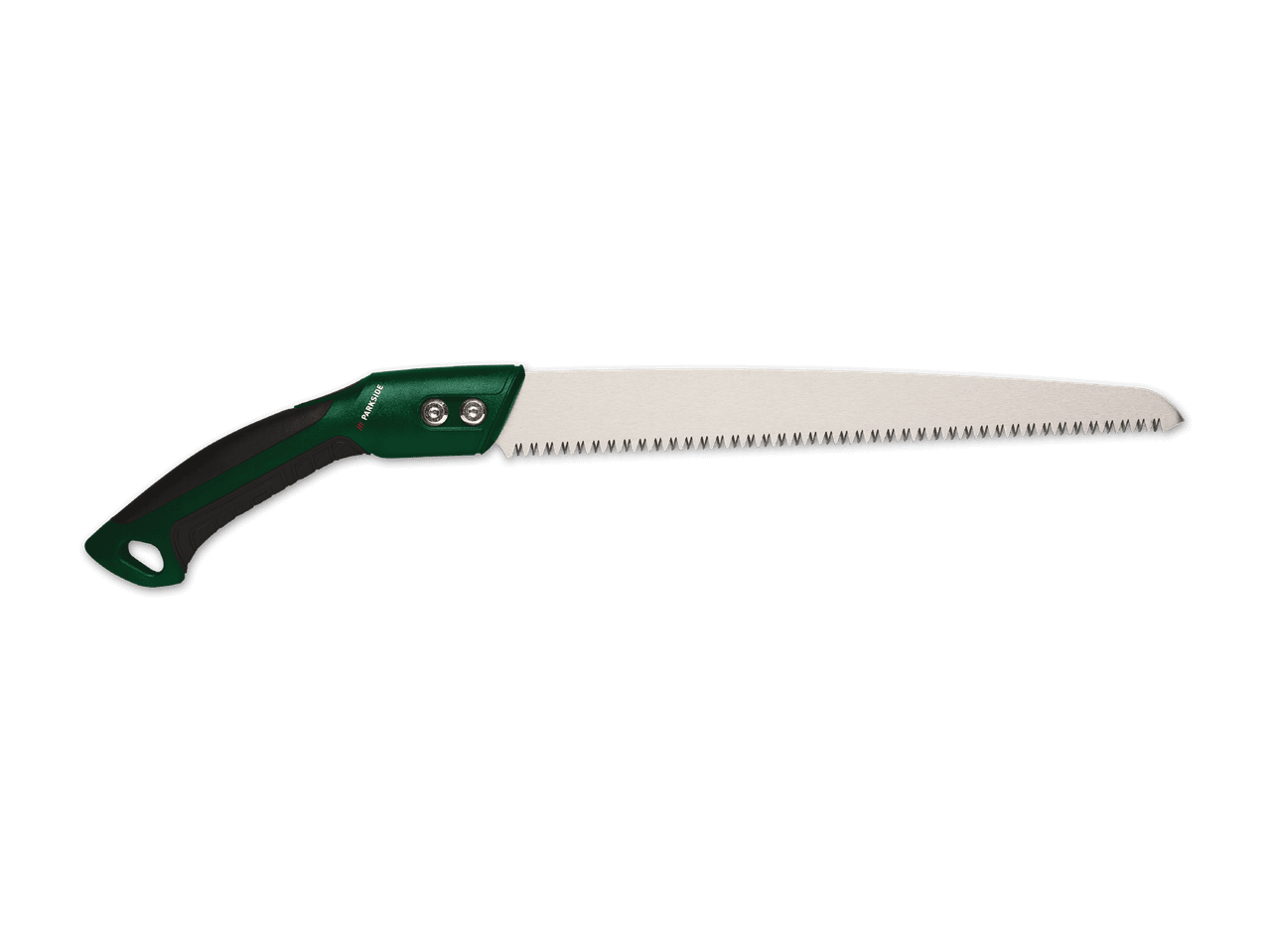 Grüne und schwarze Handsäge mit silberner Klinge