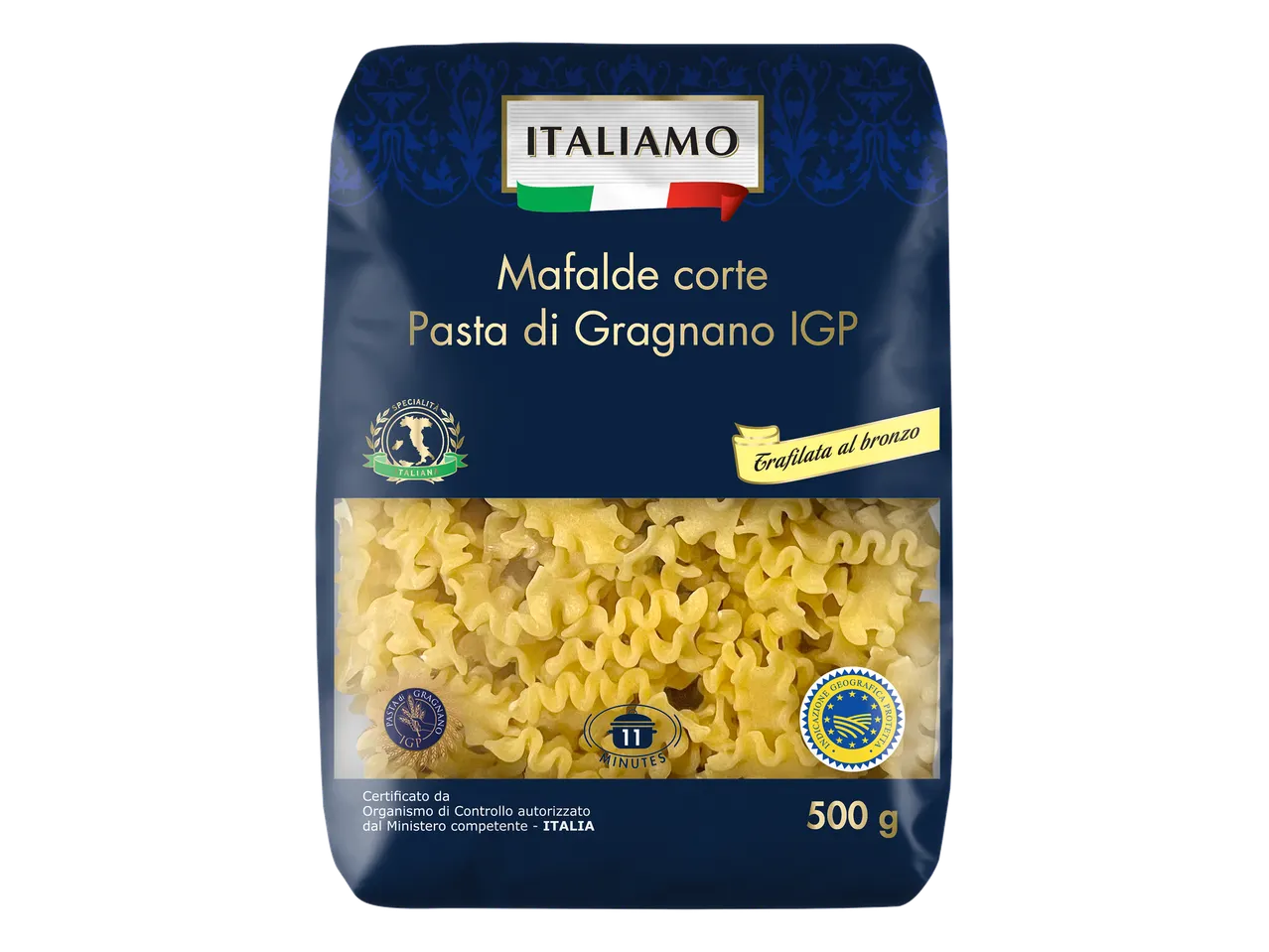 Paquet de pâtes Mafalde corte Pasta di Gragnano IGP, 500g, avec un temps de cuisson de 11 minutes.